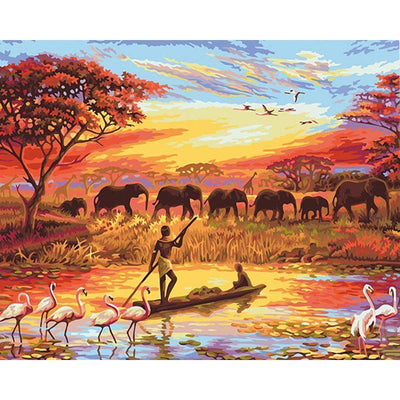 Paint By Number | African Elephants Marching Past a Fisherman and Flamingos - Paint By Number Artist