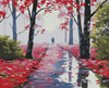 Paint By Number | Walking along a Lane after Rain with reflection of Trees in Red Autumn Colors in the Rain Puddles - Paint By Number Artist