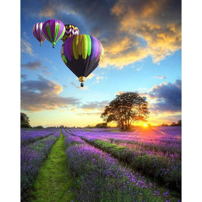 Paint By Number | Colorful Romantic Hot Air Balloons Over Purple Flower Field - Paint By Number Artist