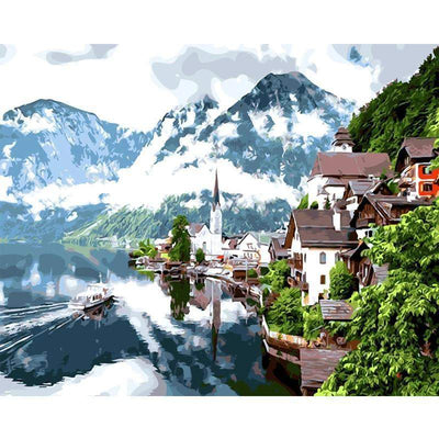 Paint By Number | Hallstatt Mountain Village With Lake with Mountains Reflections In The Austrian Alps - Paint By Number Artist