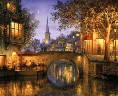Paint By Number | Bridge over Canal in a Small Town at Night - Paint By Number Artist