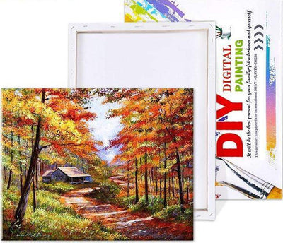 Paint By Number | Forest in Autumn Colors with small Cottage along a Path - Paint By Number Artist