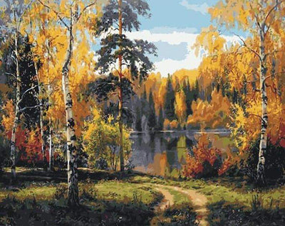 Paint By Number | Forest with a Lane along a Lake and Trees in Autumn Colors - Paint By Number Artist