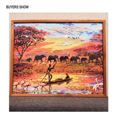 Paint By Number | African Elephants Marching Past a Fisherman and Flamingos - Paint By Number Artist