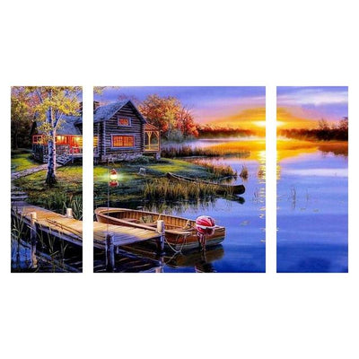 Paint By Number | Set of 3 Panels of a Landing on a Lake with Boat and House - Paint By Number Artist